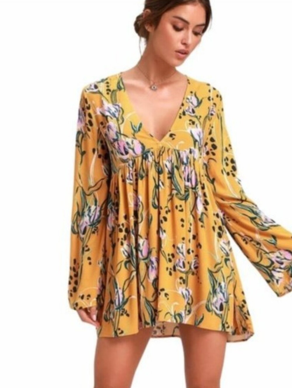 Free People Bella Golden Yellow Floral Print Tunic M